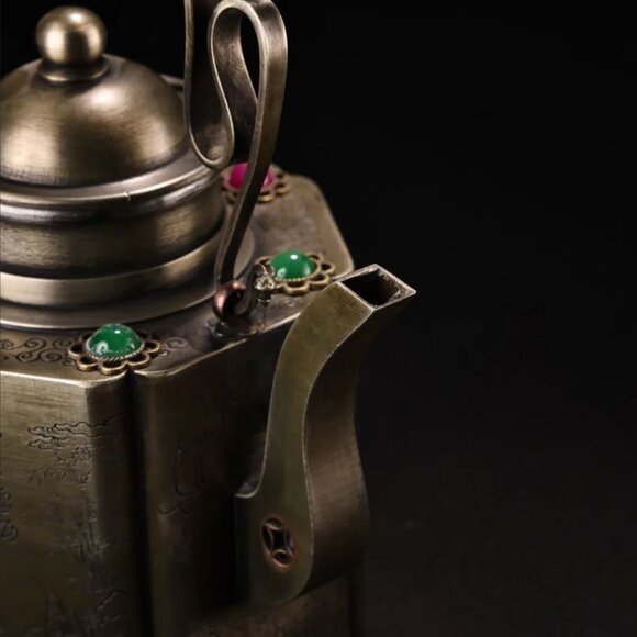 Vintage Chinese White Copper Inlay Gems Handle Teapot - Picture 8 of 10